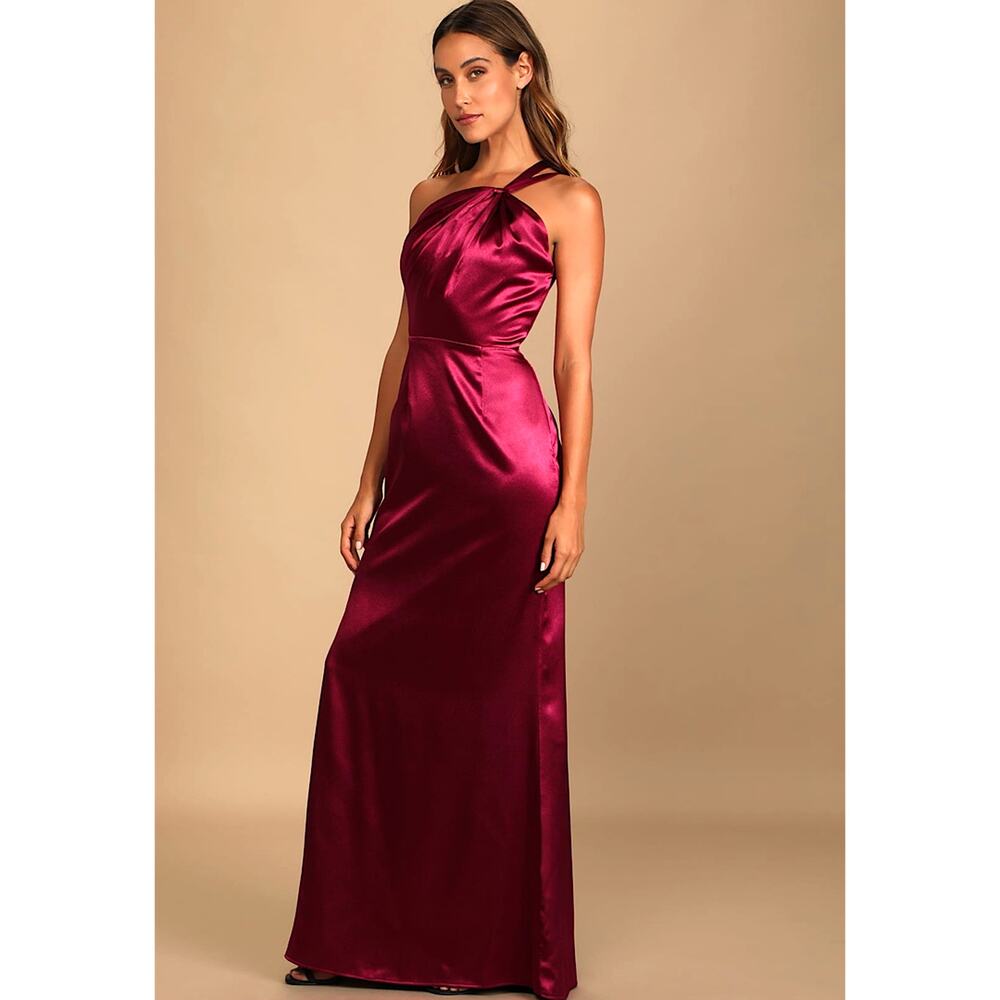 Lulus Womens S Wine Satin One Shoulder Maxi Dress Devotion To Love NWT